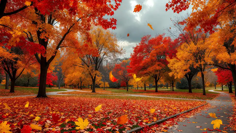紅葉した木々と落ち葉の散歩道