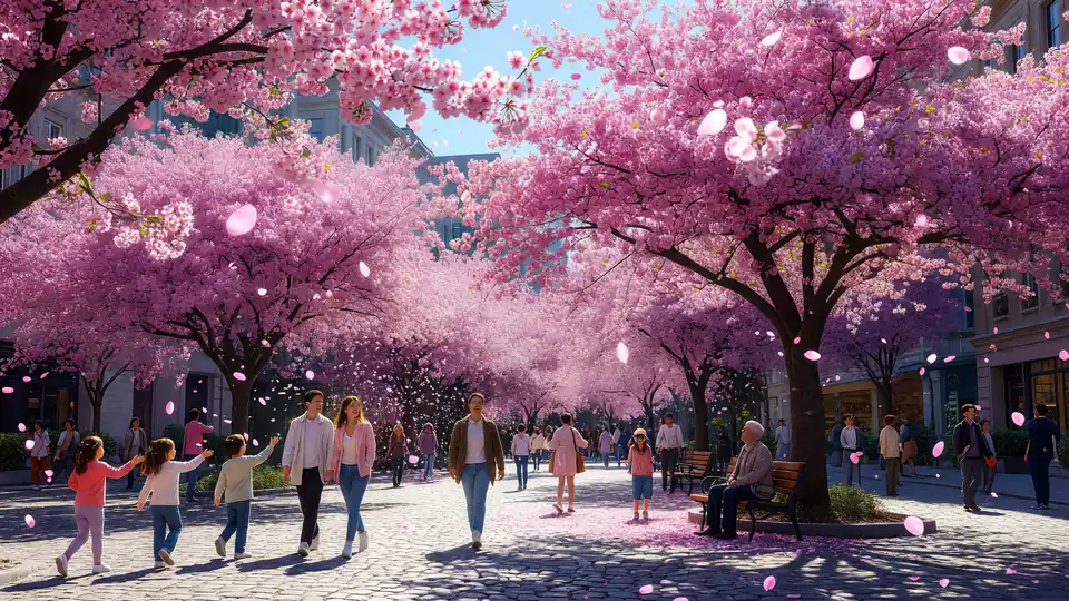 ピンクの桜が咲く広場と歩く人々
